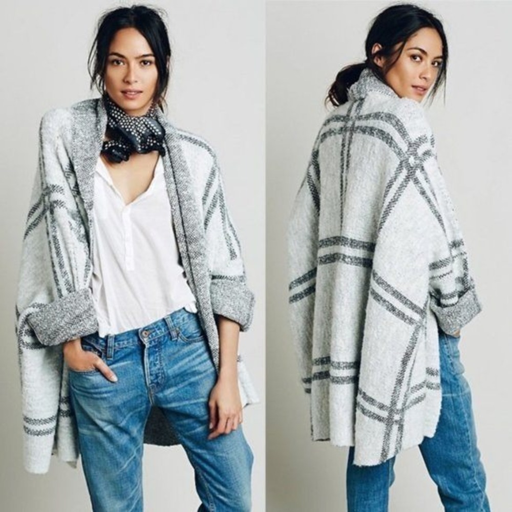Free People Womens Small Cardigan Jacket Windowpane Oversize Plaid Cream Black